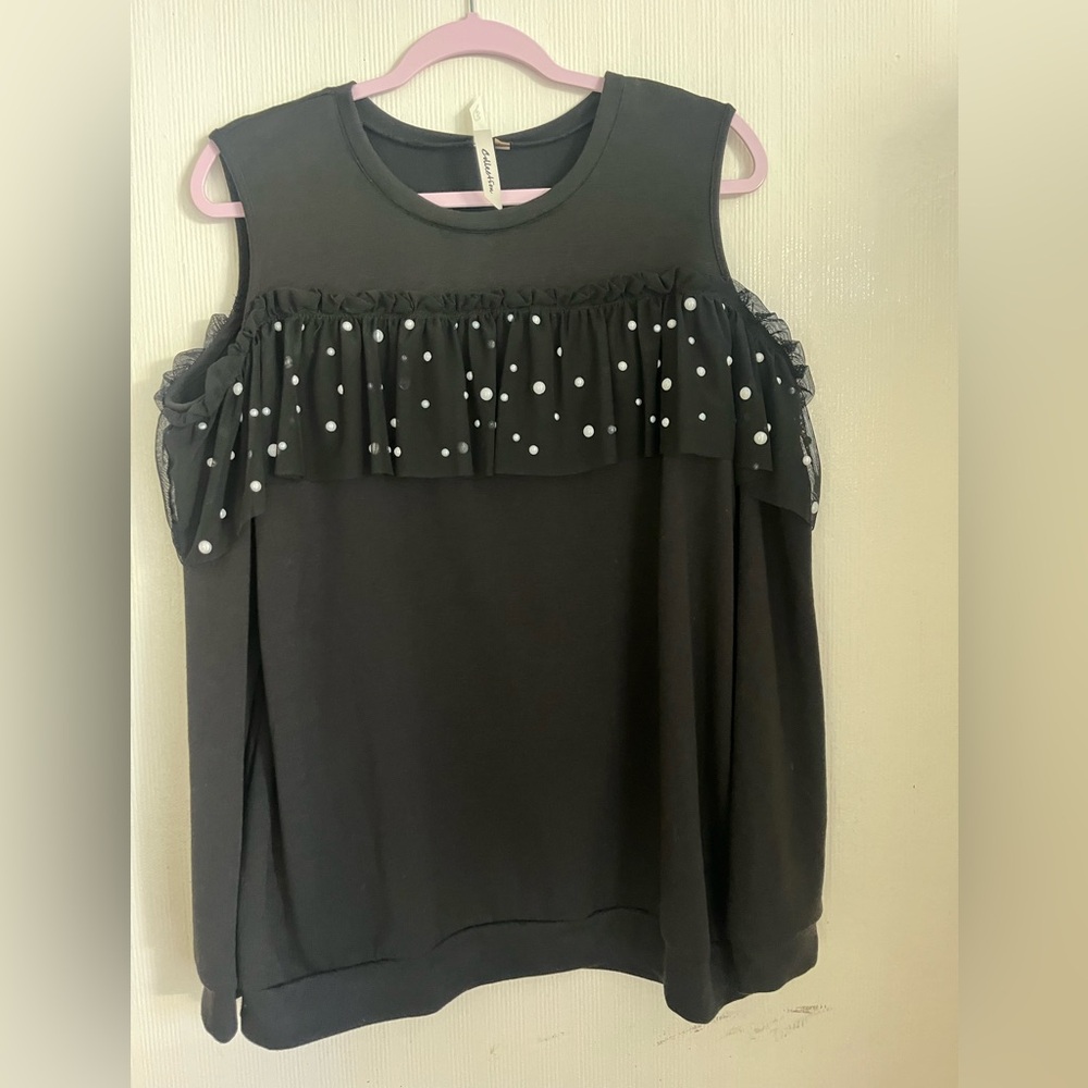 NY Collection Black Top with Polka Dot Ruffle
